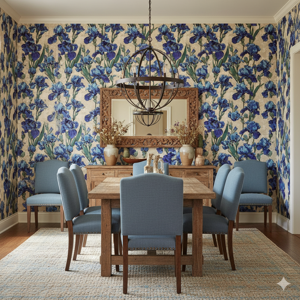 Floral irises wallpaper with blue flowers on beige, covering the walls in a dining room.
