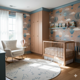 Skyward Daydream Wallpaper with blue hot air balloon pattern on a light peach background.