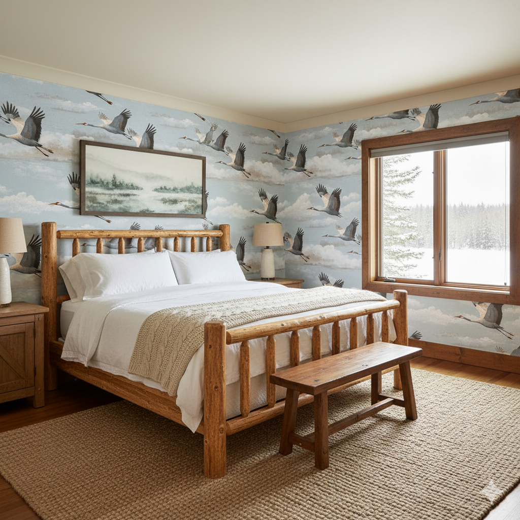 Redwing Passage Wallpaper with a bird and cloud pattern on a bedroom wall.