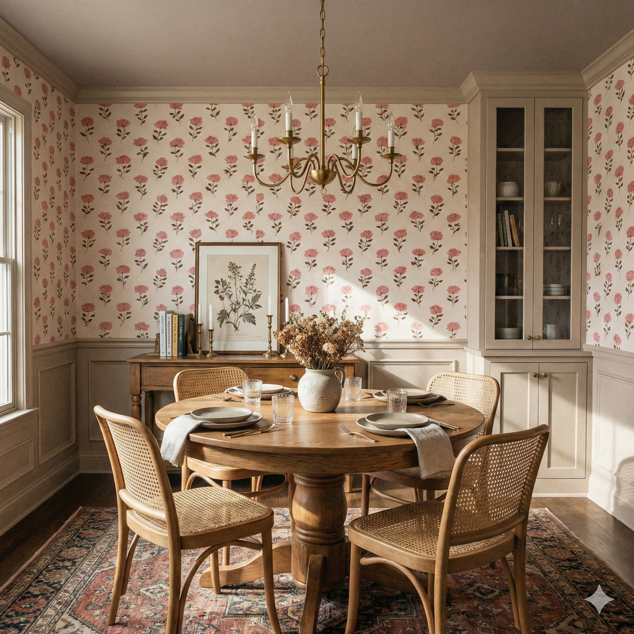 Petal Ledger wallpaper with pink floral pattern on a beige background.