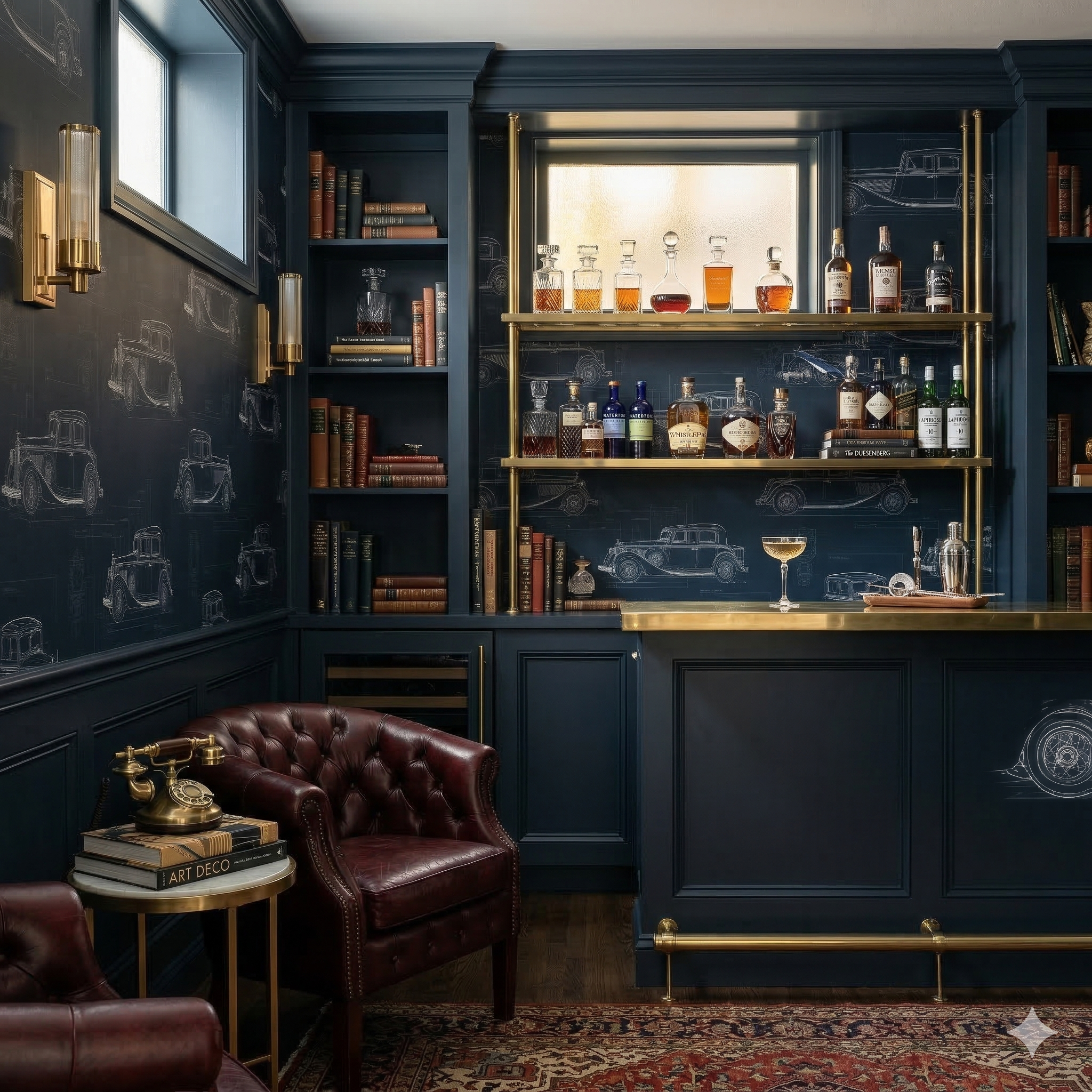 Aurelio Motor Archive Wallpaper featuring classic car sketches on dark blue, patterned background.
