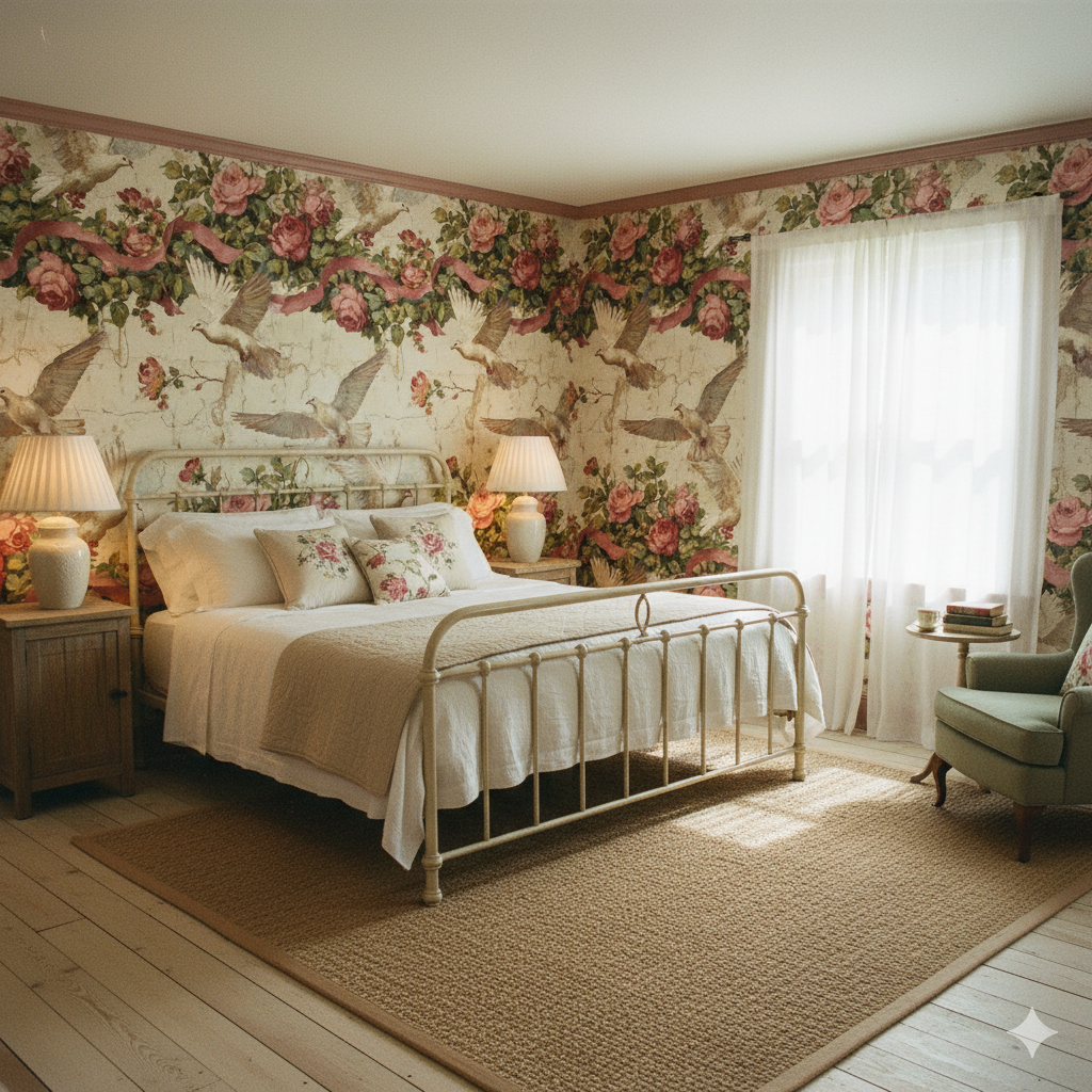 Floral Bellecour Wallpaper with birds and ribbons, covering the walls in a traditionally styled bedroom.