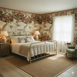 Floral Bellecour Wallpaper with birds and ribbons, covering the walls in a traditionally styled bedroom.
