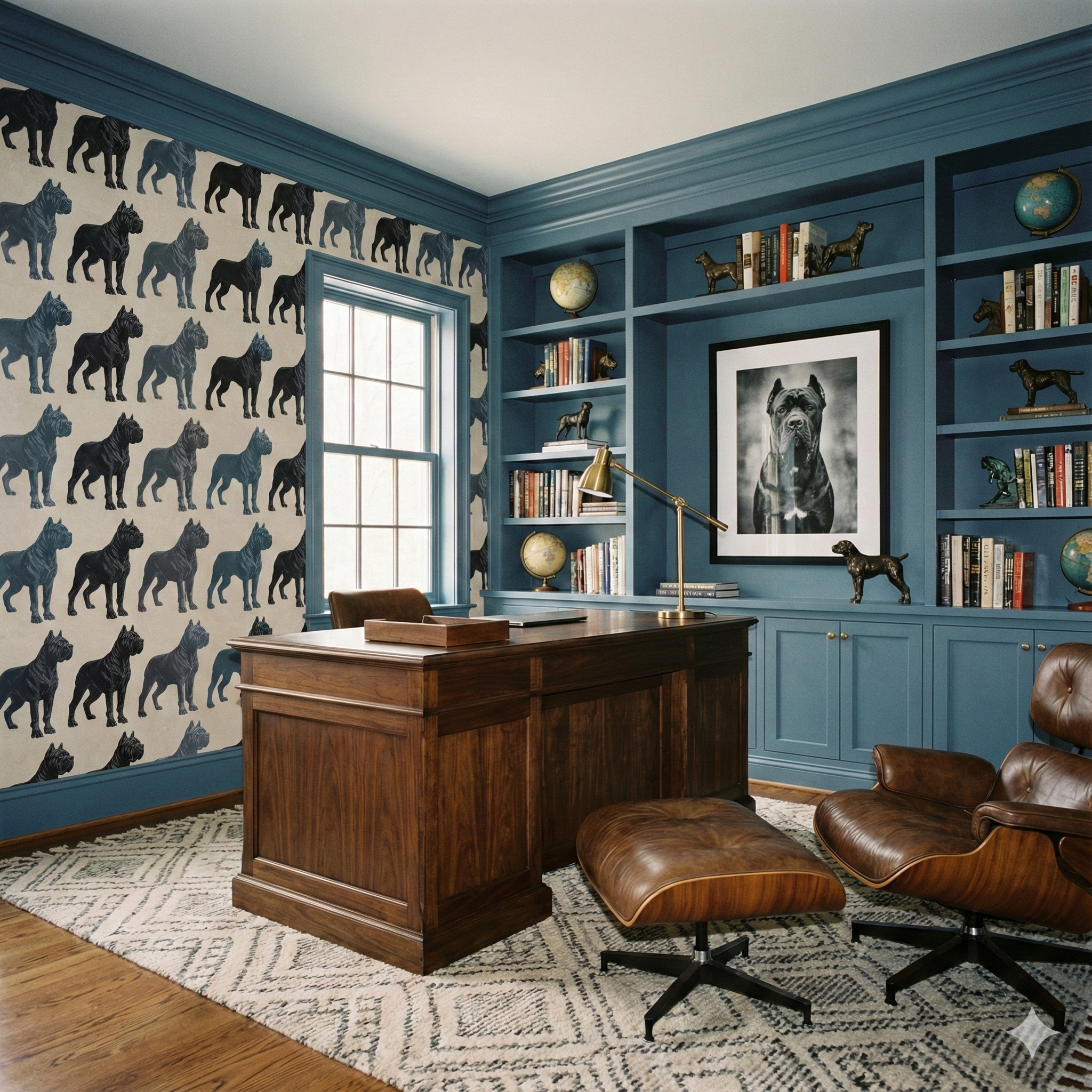 Patterned wallpaper with dog motifs, repeated on the wall, in a traditionally styled office setting.