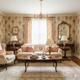 Rosette Cascade Wallpaper with floral pattern and ribbon swag design.
