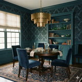 Teal damask wallpaper with dark floral pattern on the wall behind a dark wood dining table.