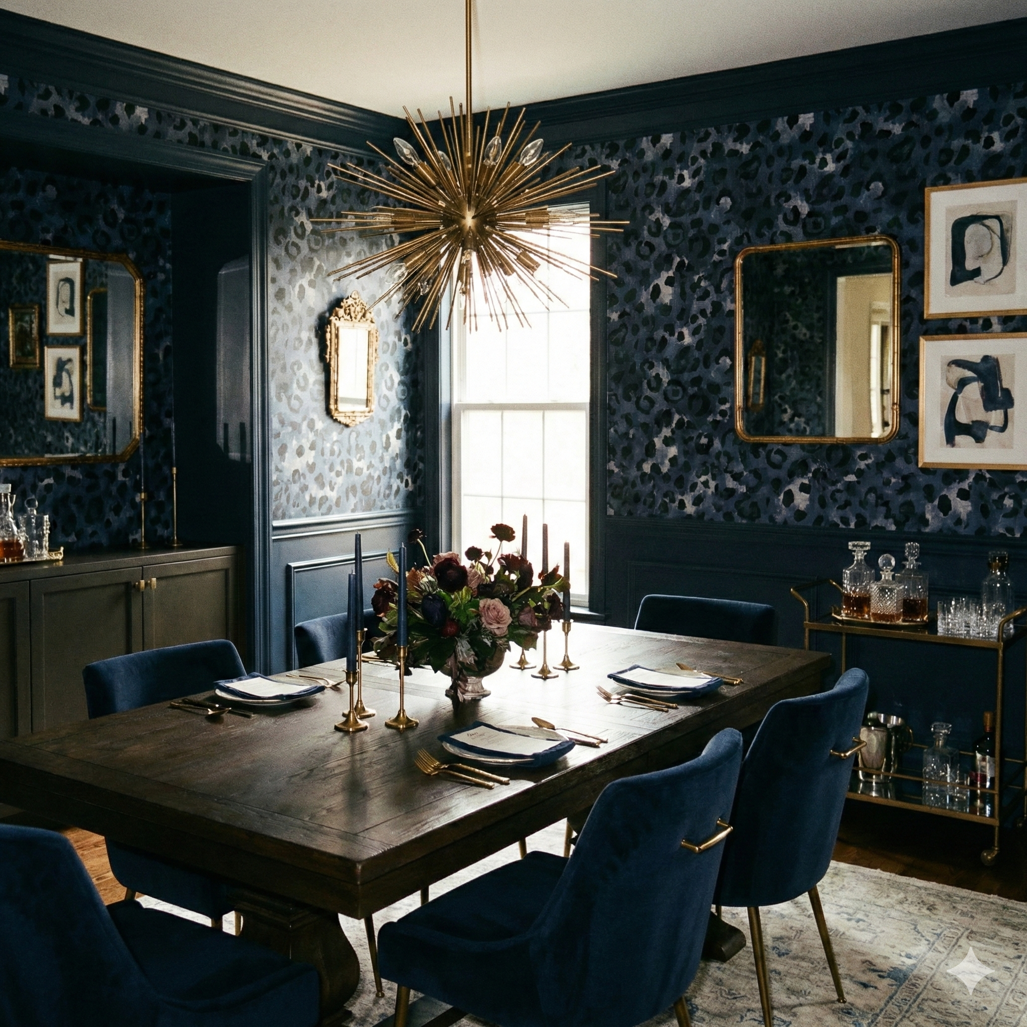 Blue and gray patterned wallpaper with navy trim, featuring a leopard print design.
