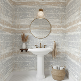 Marshland Whisper wallpaper with grass pattern, and tan horizontal stripes.