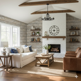 Weathered timber wallpaper with horizontal planks pattern, adding a rustic texture to the room's interior design.
