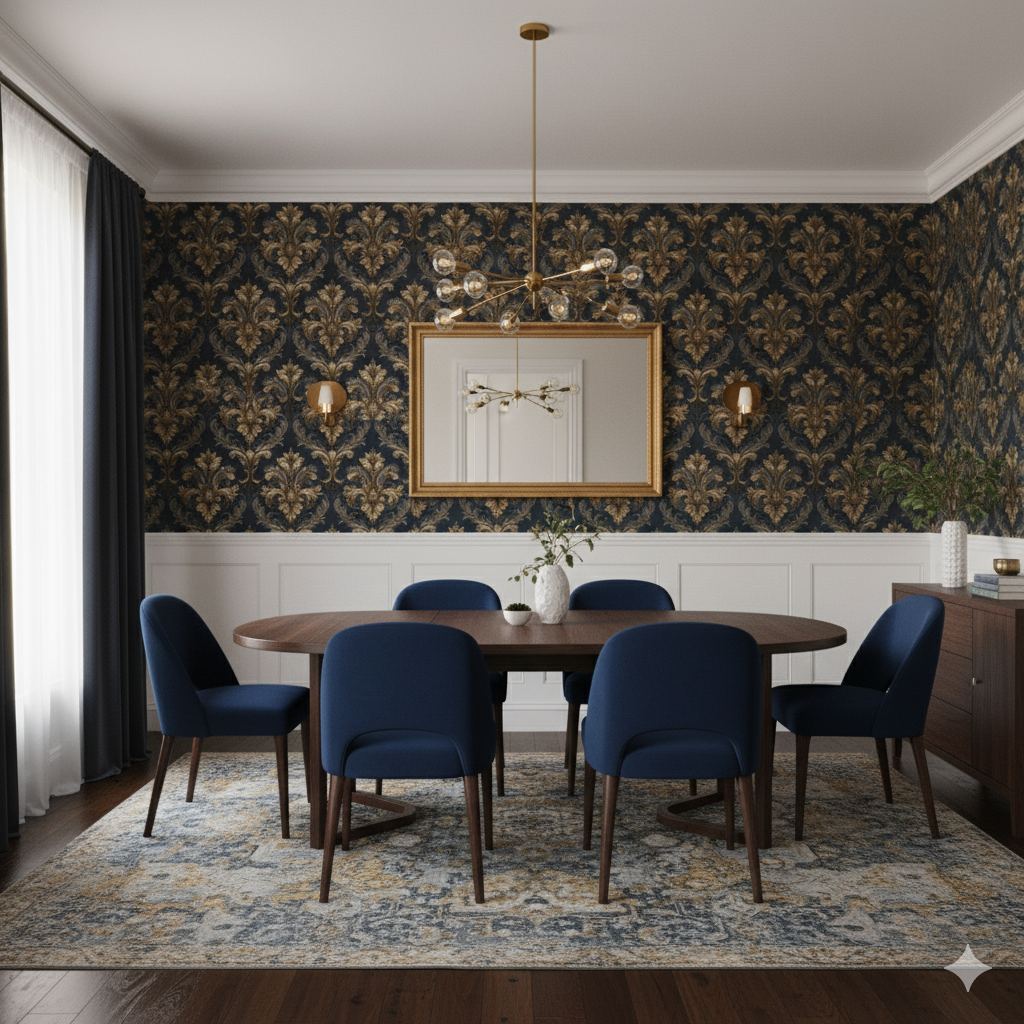 Imperial Crest wallpaper featuring gold damask patterning against a dark blue background, covering the top half of the dining room wall.