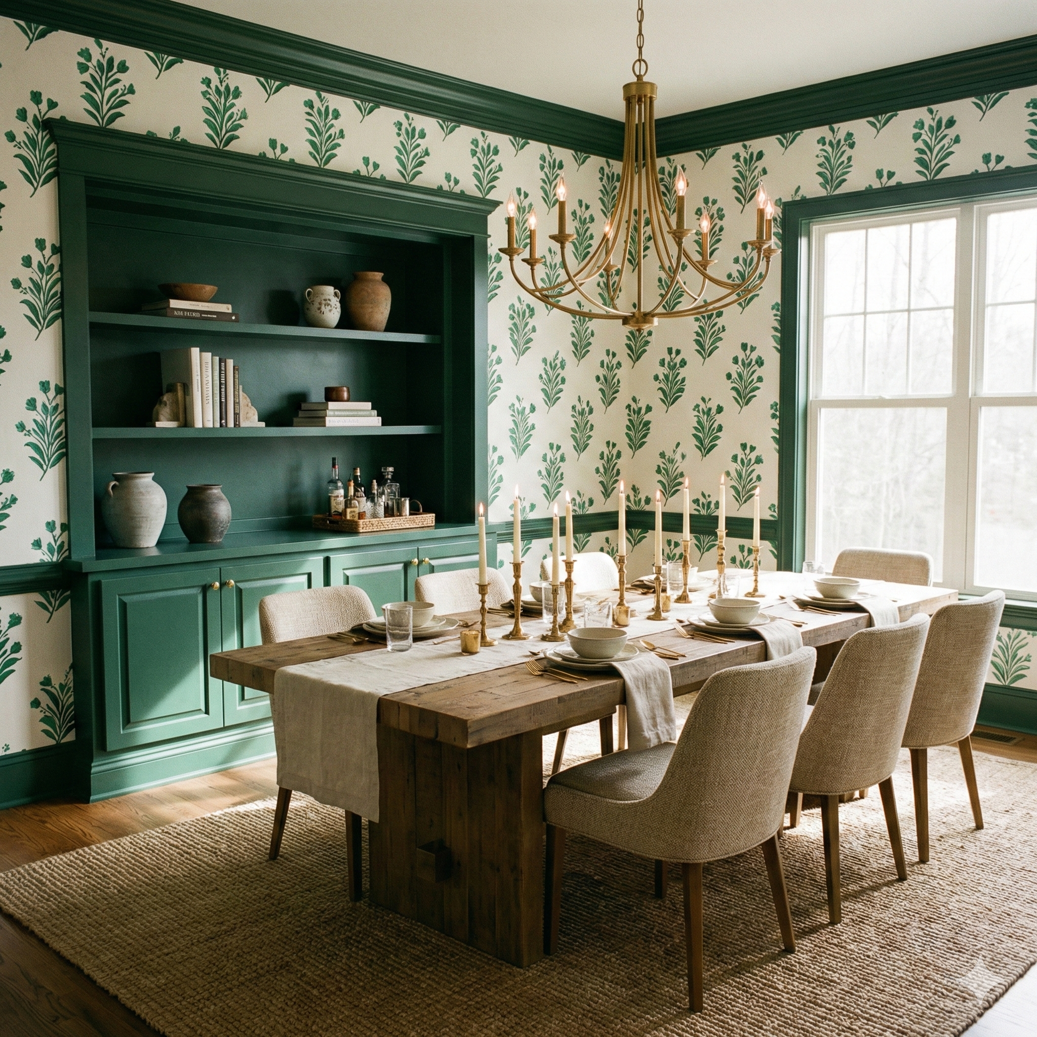 Green and white verdant stem register wallpaper with leaf pattern, styled in a dining room setting.
