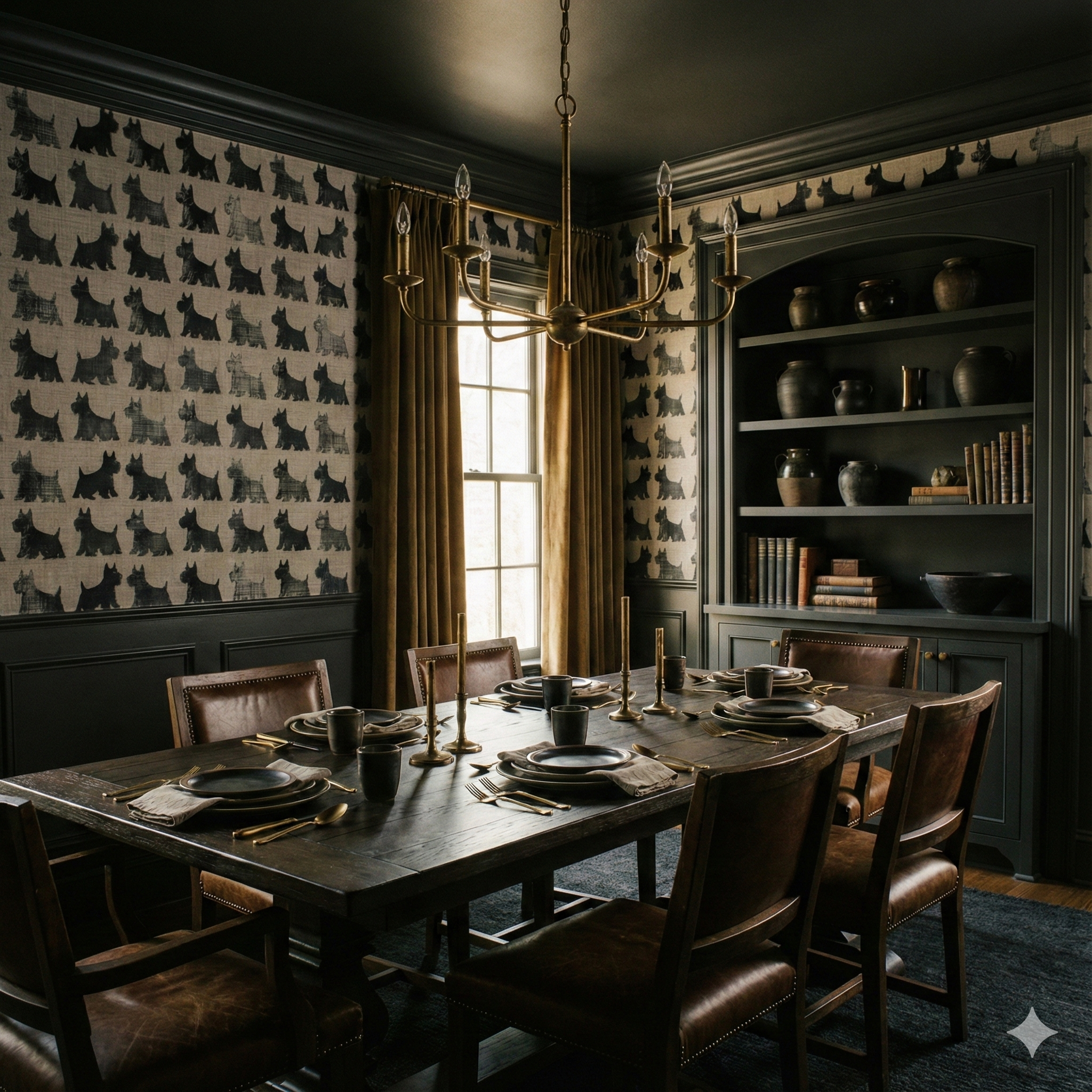 Invergray Terrace wallpaper by Brewster, featuring a pattern of Scottish Terrier dogs.
