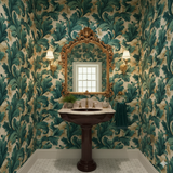 Green and gold Verdura Grande Wallpaper with leafy foliage pattern.
