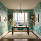 Skyward Blossoms Wallpaper in a Van Gogh-inspired floral pattern, covering an entire office space.