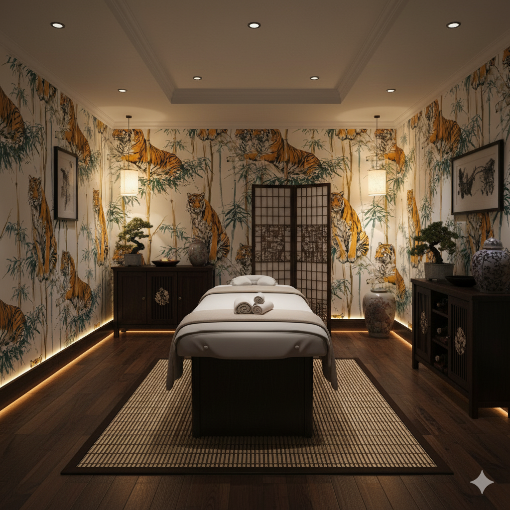Tiger and bamboo patterned wallpaper with Asian-inspired décor.
