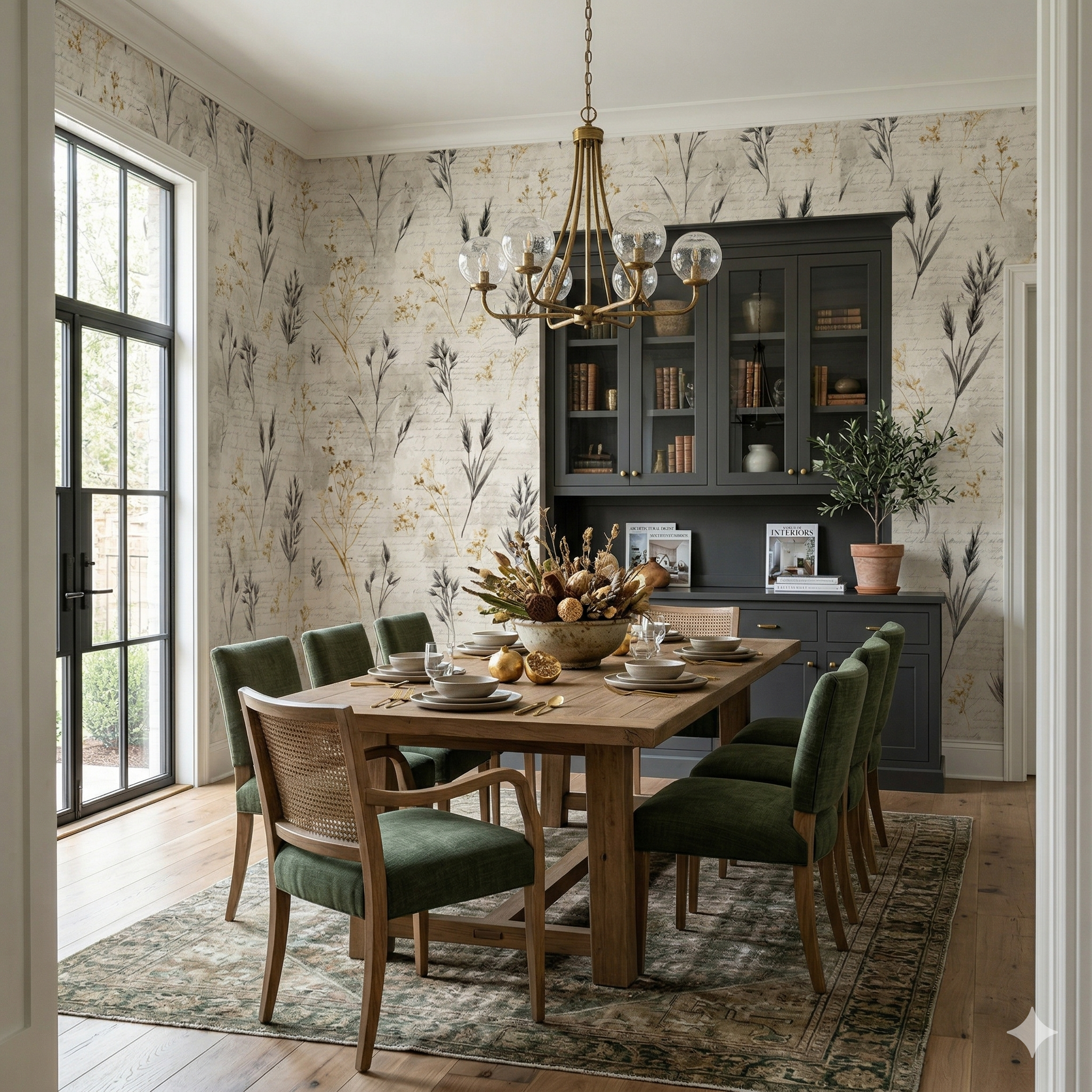 Botanical wallpaper featuring a muted floral pattern with script, from York Wallcoverings, in a dining room setting.

