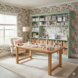 Floral pattern wallpaper with pink and blue flowers covering the walls.