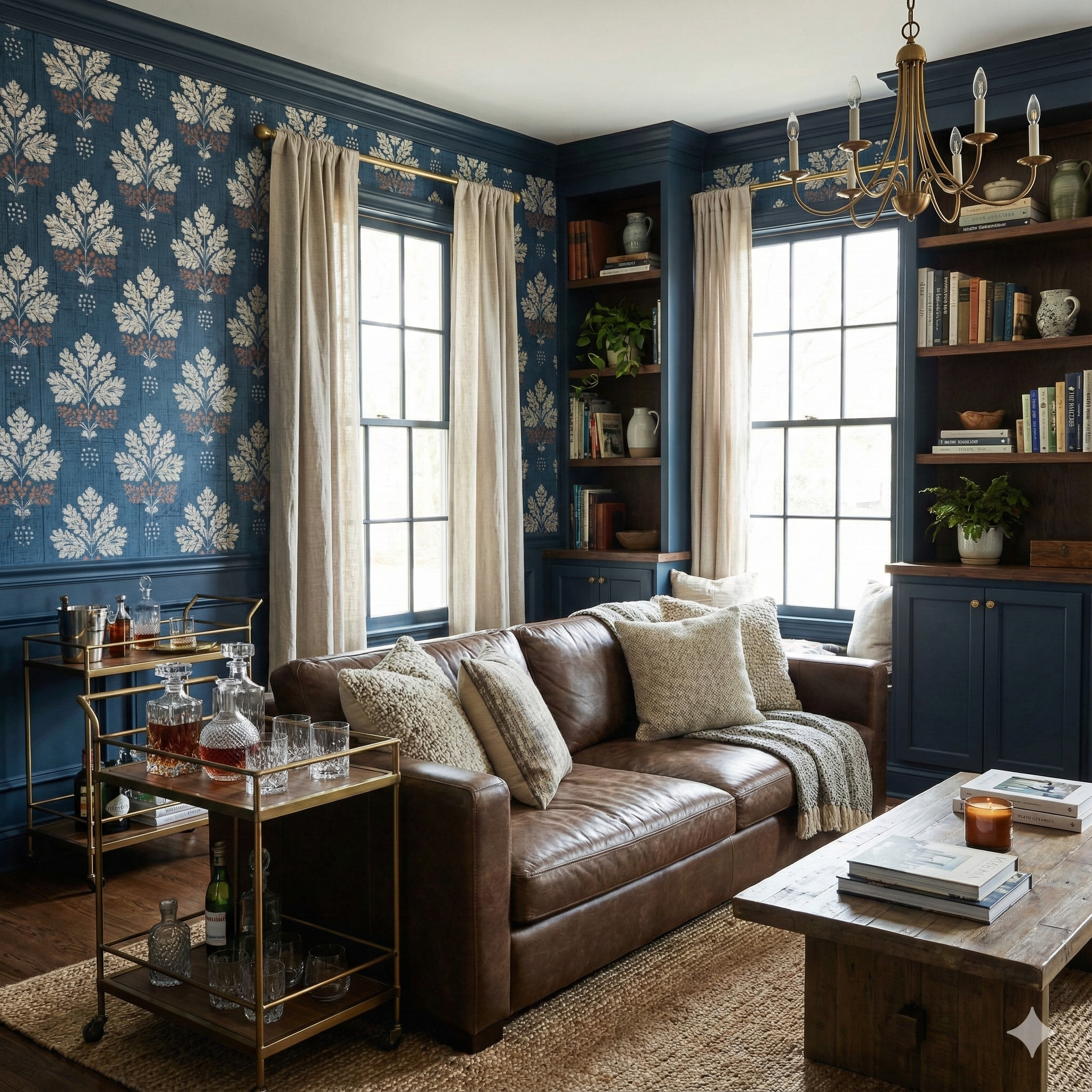 Patterned wallpaper with floral motif in blue, white, and brown, styled in a living room.