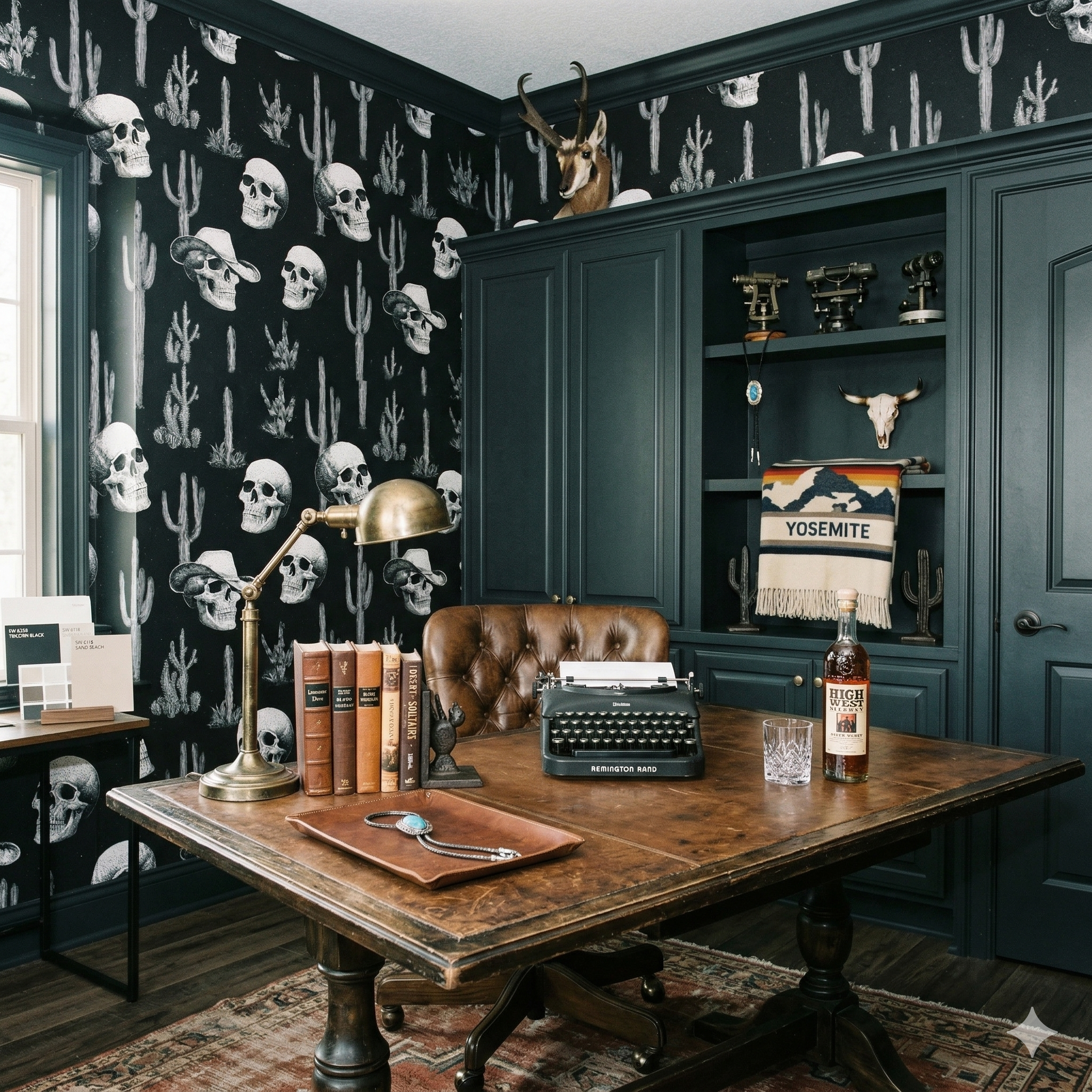 Desert Relic Nocturne wallpaper with skull and cactus pattern, on a dark moody wall.
