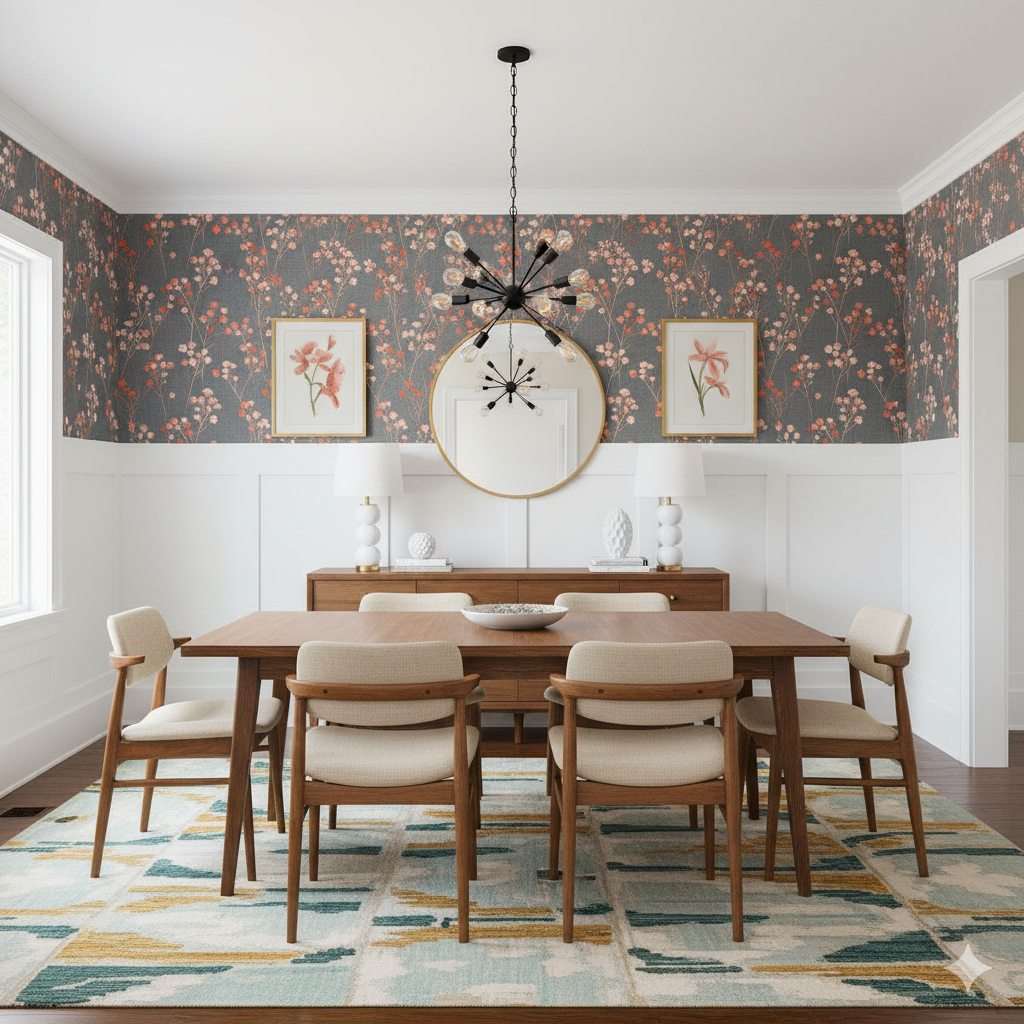 Floral blush hawthorne wallpaper with peach blossom detailing on a gray background.