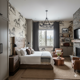 Equinox Run wallpaper with horse motif pattern, covering a bedroom interior setting.
