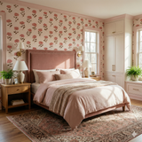 Floral Petal Ledger Wallpaper with pink flower pattern on a white background.