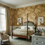 Golden aviary wallpaper featuring bird and branch pattern, on bedroom wall.