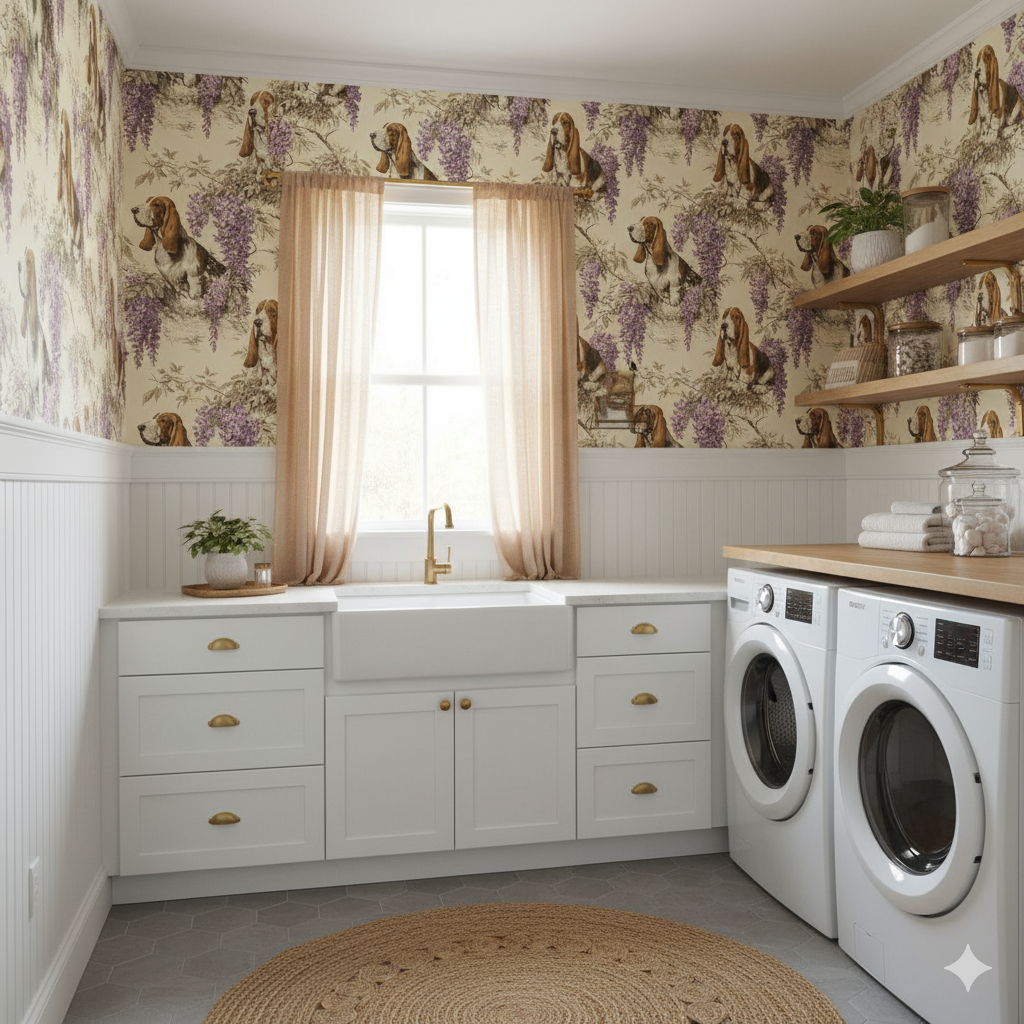 Lowcountry Wisteria wallpaper featuring a beige background with floral and dog pattern.
