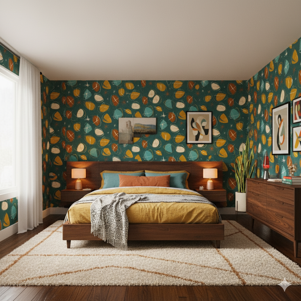 Atomic Serenade Wallpaper featuring a retro abstract pattern, textured backdrop and colorful geometric shapes.
