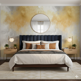 Auric Veil wallpaper with gold and gray pattern, seen in a bedroom setting.