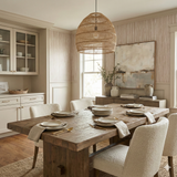 Neutral-toned Cedarline Drift Wallpaper with vertical striped pattern, covering dining room walls.