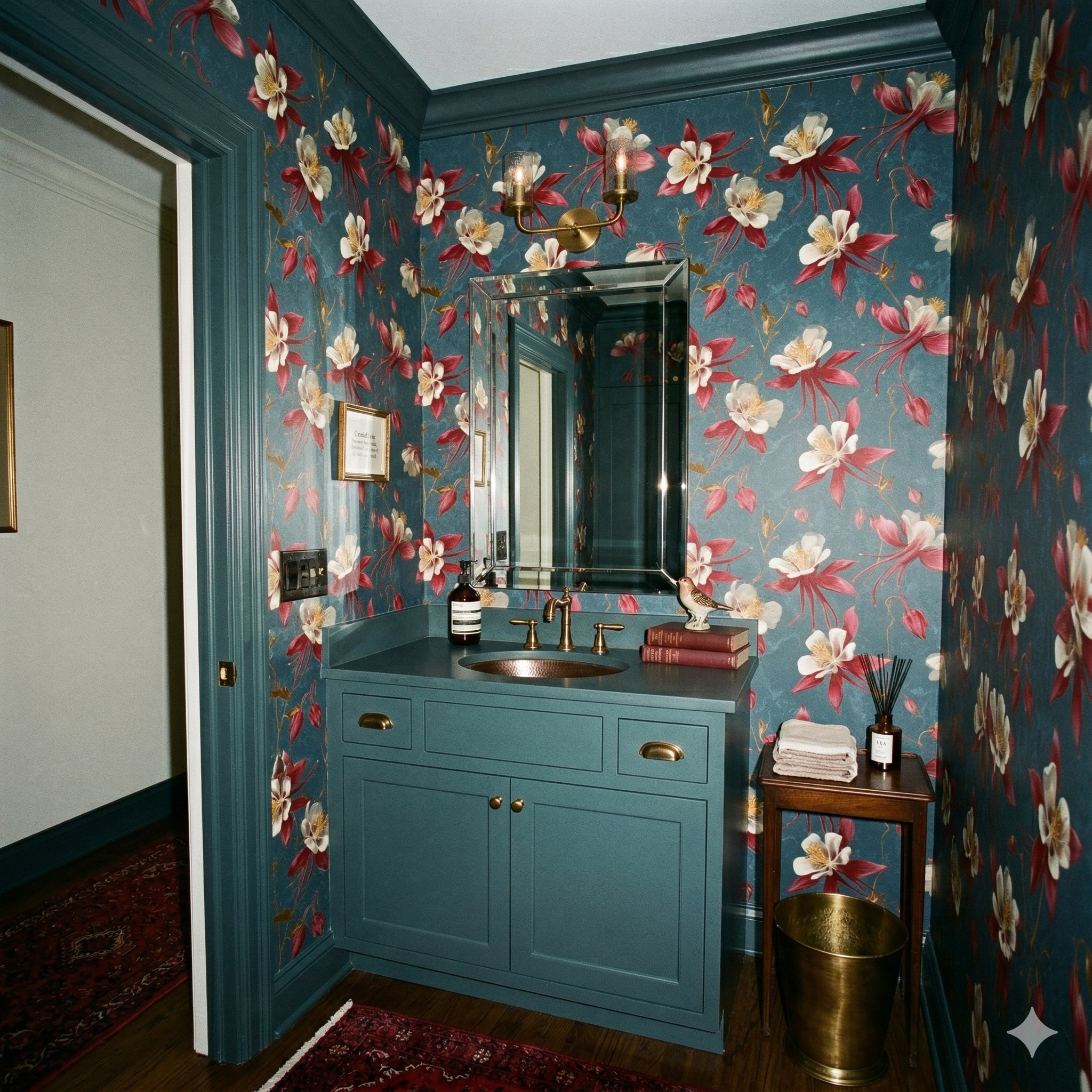 Floral wallpaper with crimson and white flowers with gold accents, patterned across a blue backdrop.
