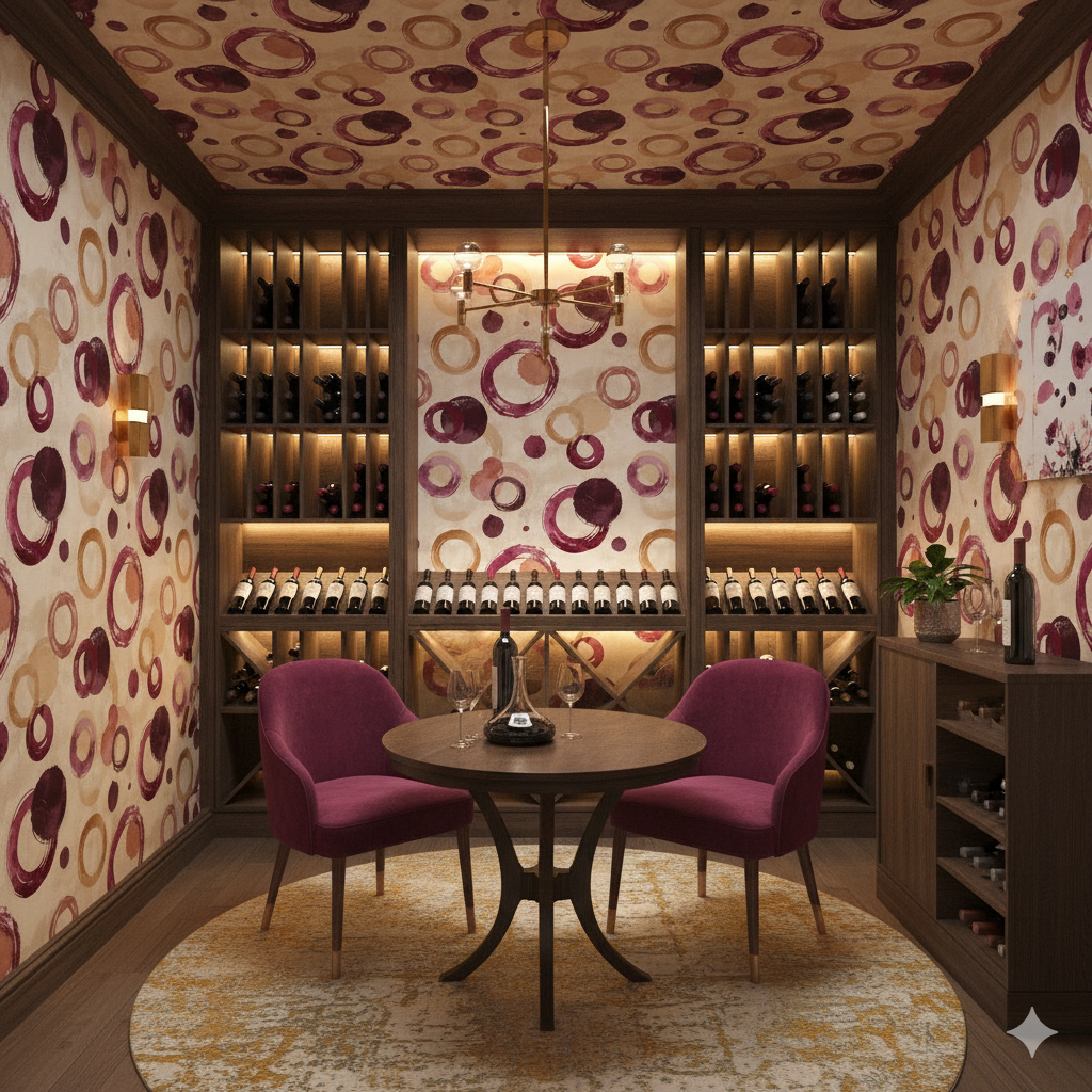 Burgundy and cream wallpaper with circular pattern design by Echo, on a wall in a wine cellar.