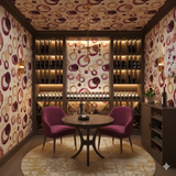 Burgundy and cream wallpaper with circular pattern design by Echo, on a wall in a wine cellar.