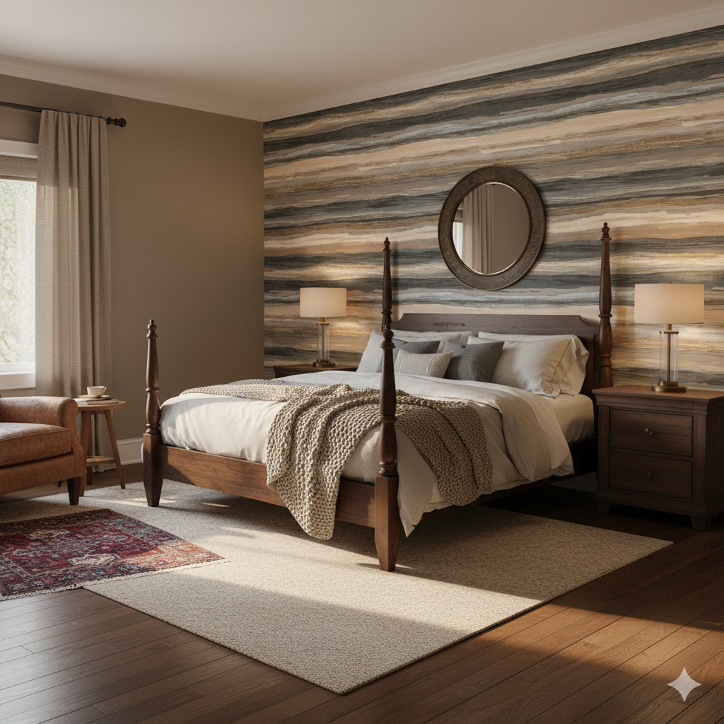 Tide Horizon wallpaper with horizontal stripes, a blend of beige, brown, and gray tones.