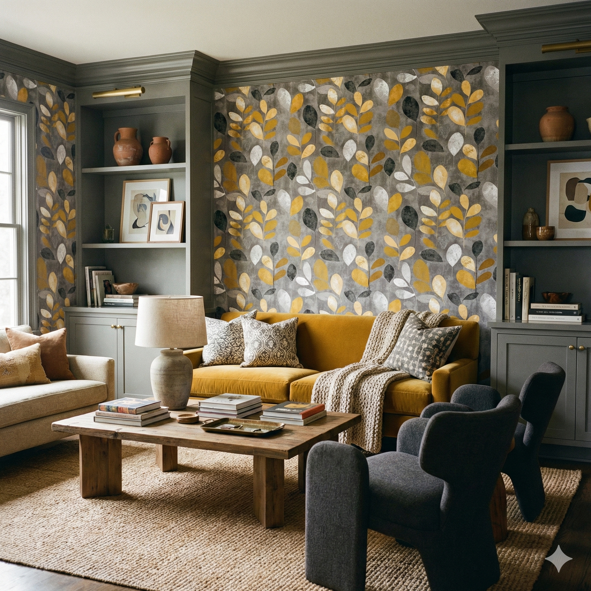 Botanical leaf wallpaper in gray and gold with an all-over pattern on the wall of a living room.