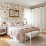 Floral Rosalyn Vine Wallpaper with botanical pattern, covering an elegant bedroom wall.
