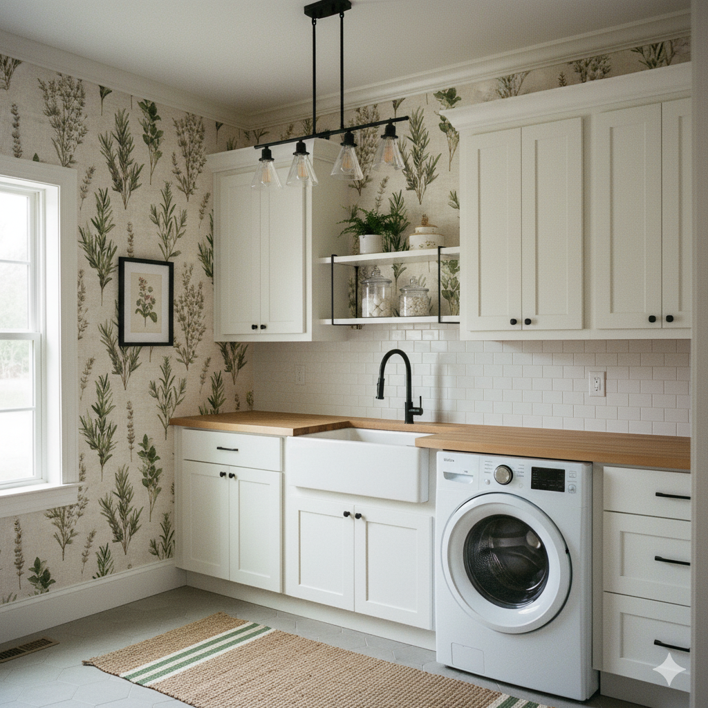 Botanical wallpaper in a laundry room with a green and cream pattern, beside a window and white cabinets.