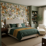 Floral wallpaper with deer accents, featuring wildflowers and verdant foliage.