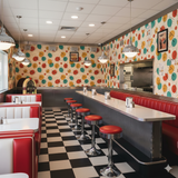 Atomic Jive Wallpaper with colorful mid-century style pattern and retro diner interior.
