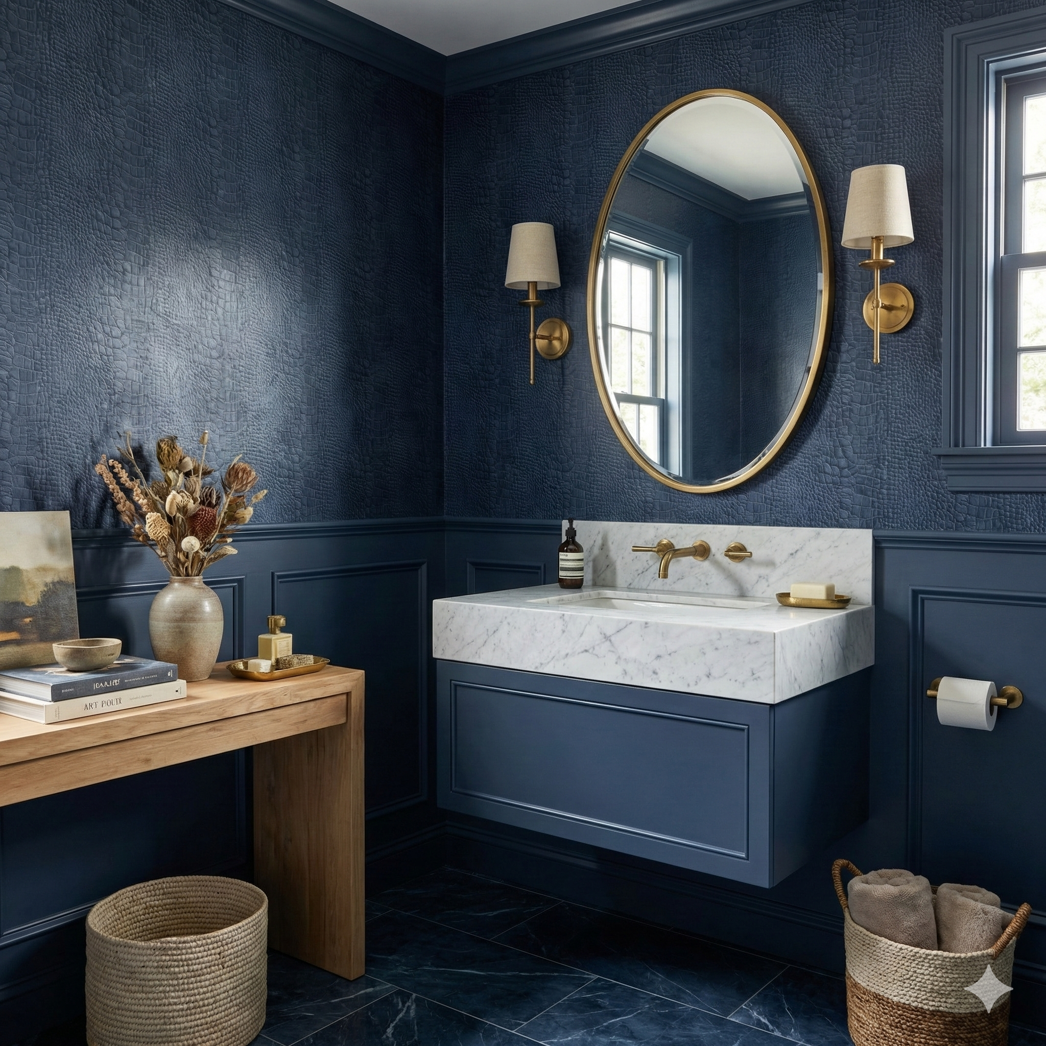 Indigo croc wallpaper with a reptile pattern, displayed in a bathroom setting.
