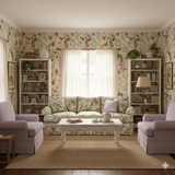 Trillium Vale Wallpaper with floral pattern on the wall covering the entire living room.