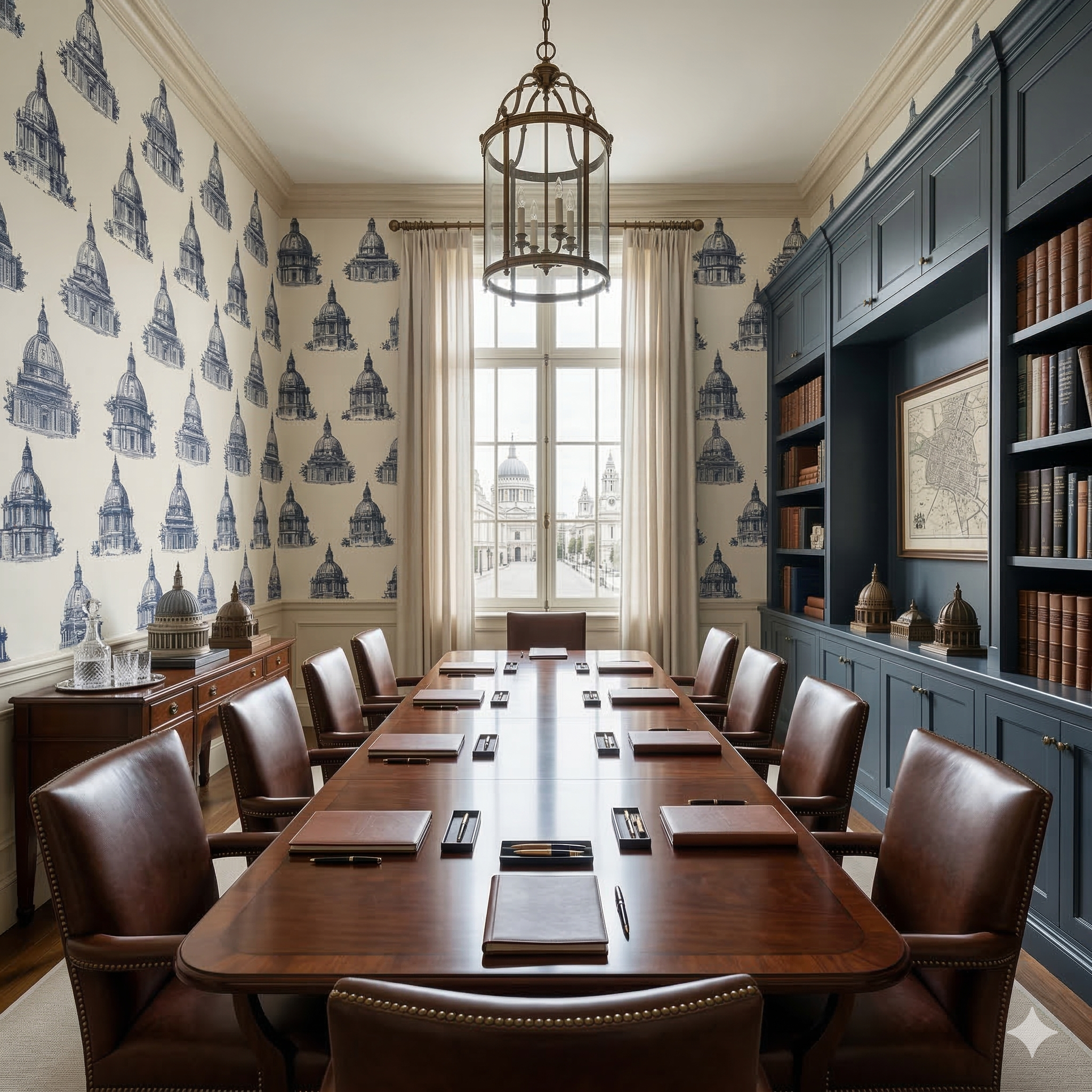 Velorum Rotunda Wallpaper with building silhouette pattern on cream background.
