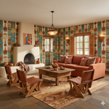 Solstice Marks wallpaper by York Wallcoverings featuring sun and geometric patterns in teal, orange, and brown.
