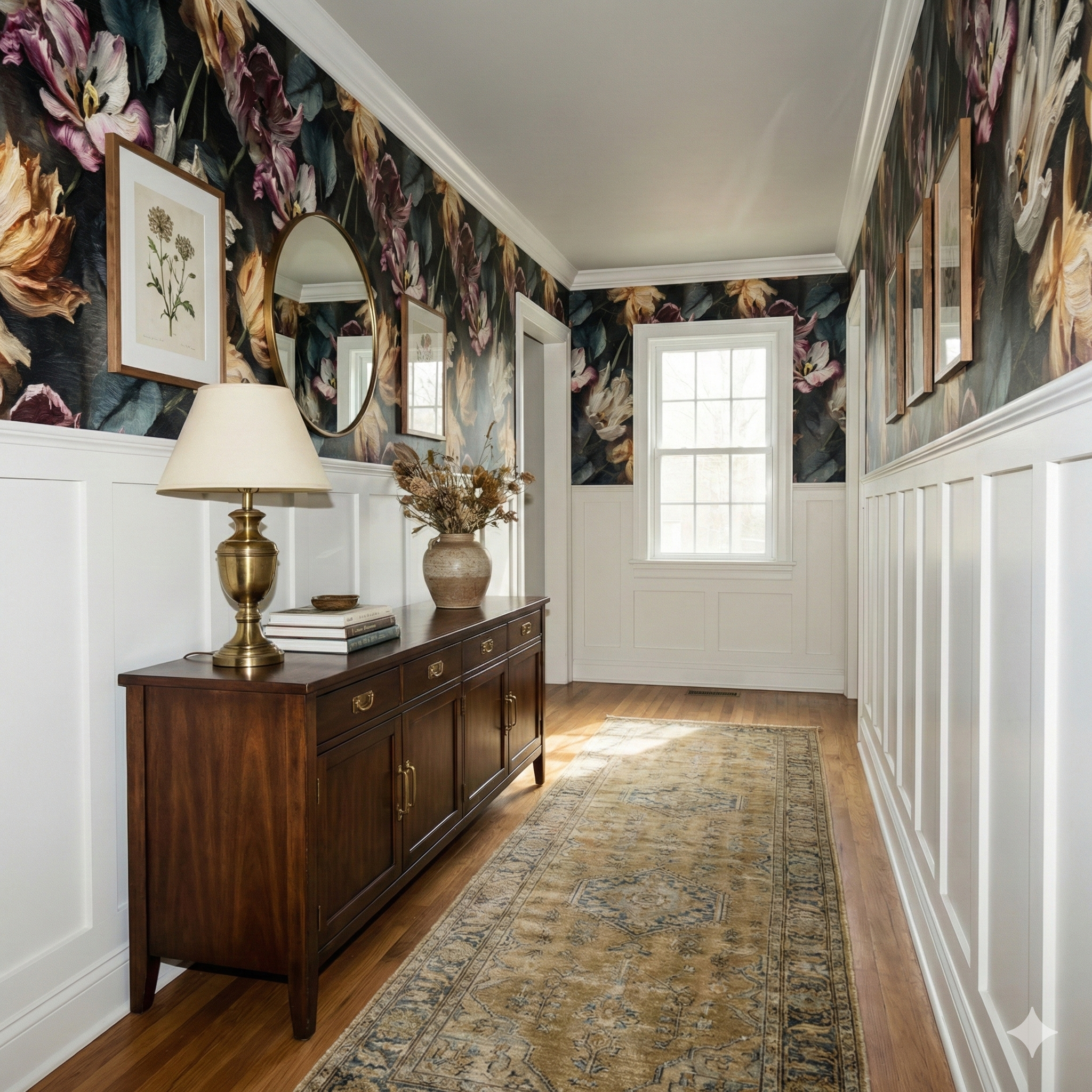 Floral wallpaper with dark background, a colorful painterly pattern, and floral art print.