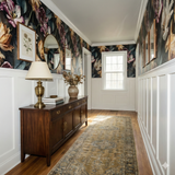 Floral wallpaper with dark background, a colorful painterly pattern, and floral art print.