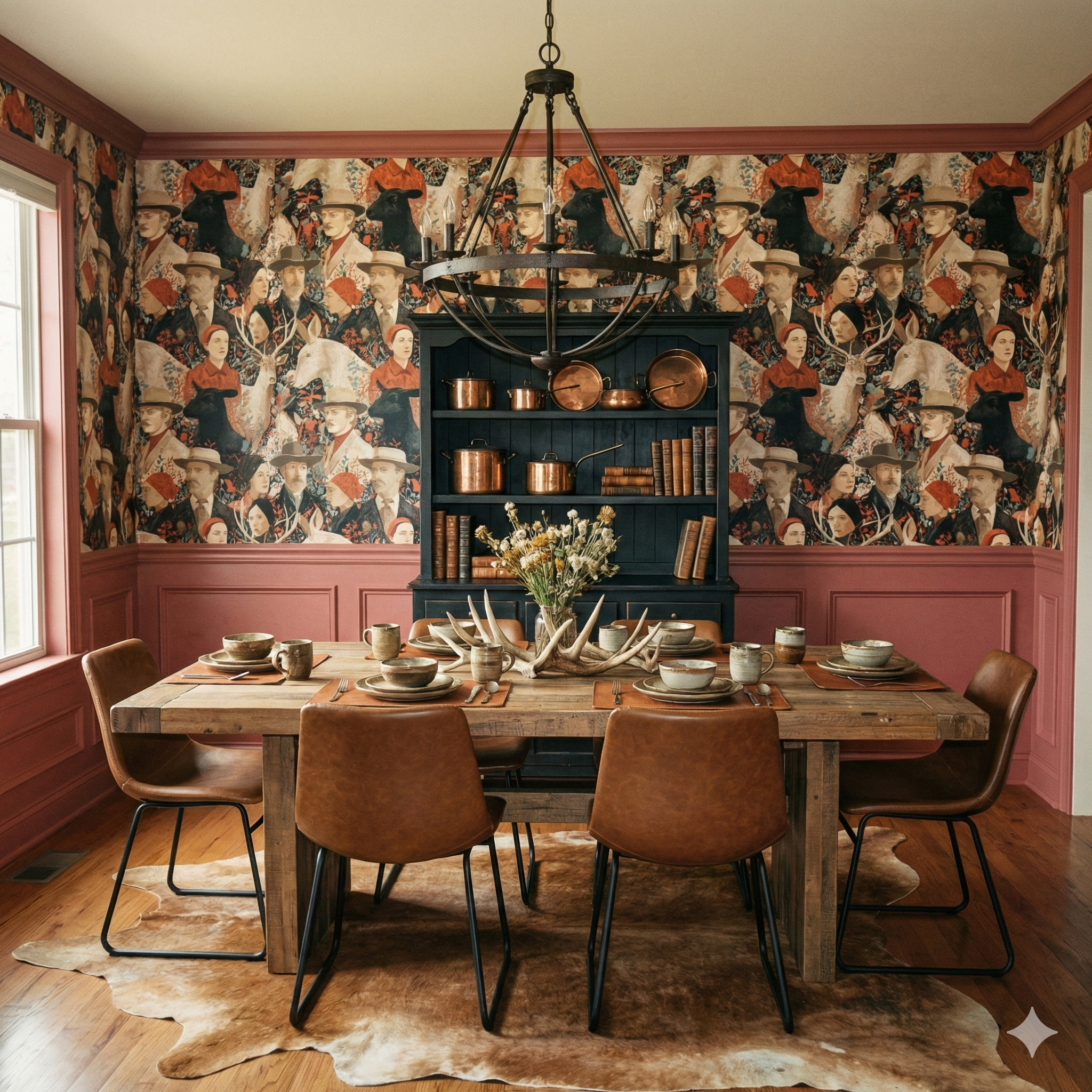 Rosethorne Kinship Wallpaper by York Wallcoverings with a unique folk art-inspired design in a dining room.
