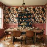 Rosethorne Kinship Wallpaper by York Wallcoverings with a unique folk art-inspired design in a dining room.
