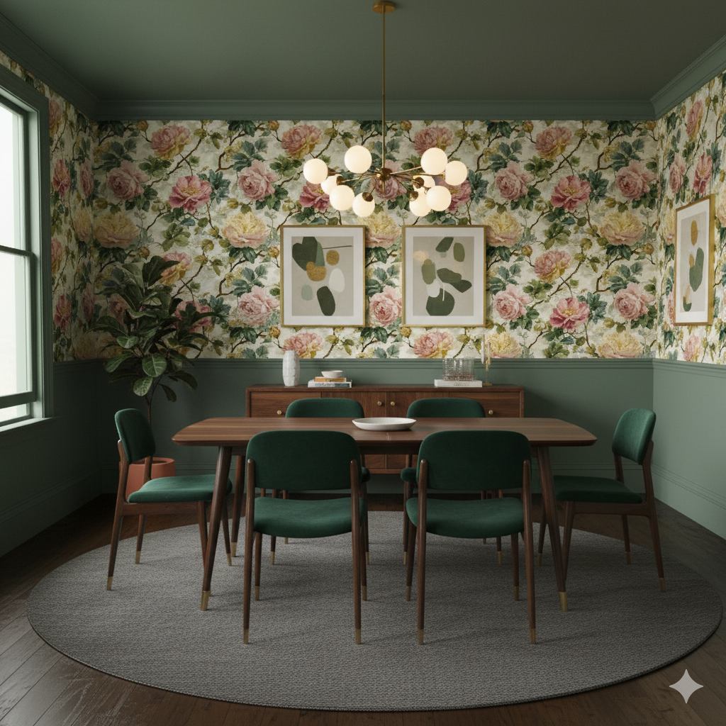 Floral wallpaper with pink and yellow roses, above dark green wainscoting.