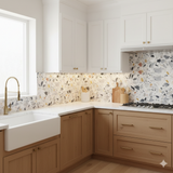 Glacier stone wallpaper with a terrazzo pattern on a kitchen backsplash.